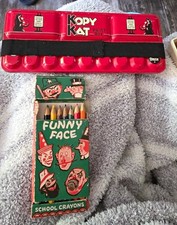 Vintage Kopy Kat Paint Box Tin w Brush Funny Face Crayons 1930s 1950s Art Lot picture
