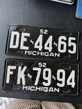 2 Vintage 1952 Michigan License Plates Restored Repainted Black White Pair picture