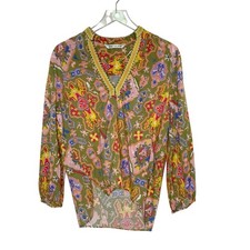 ZARA Olive Green Pink Multicolor Moroccan Printed Embroidered Tunic Blouse Top L picture