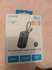 Anker 3-in-1 Power Bank 30W USB C Charger Block 5000mAh Built-in USB-C Cable NIB picture