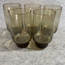 Vintage Libbey Tawny Accent Brown Smoke Highball Tumblers MCM 1970s   Set of 5 picture