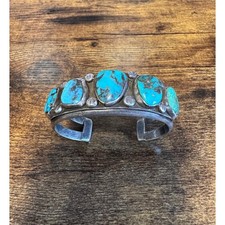 Vintage 1930s Turquoise Row Cuff Bracelet Silver - Southwestern - 48g picture