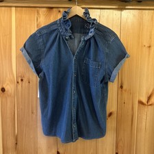 New KMJ Kate McHale Jensen Women’s Denim Ruffle Collar Button Down Shirt Large picture