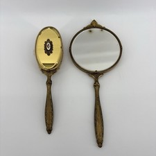 ANTIQUE VTG. LARGE BRASS HAIR BRUSH W/ HAND MIRROR FROM THE 1950'S-1960'S picture