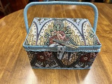 Vintage Blue Fabric Floral Pattern Sewing Craft Basket Wicker Handle & Contents. picture
