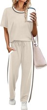 Wiholl Lounge Set 2 Piece Outfit Women's Large Beige SS Stretch Travel Beach NWT picture