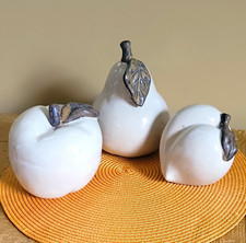 Lot of 3 VTG Ceramic Fruit Figurine Set Stone White Brown Leaf Apple Pear Peach  picture