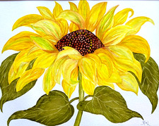 PAINTING WATERCOLOR ART FLOWER SUNFLOWER YELLOW BROWN 11X14 AND DOUBLE MAT 16X20 picture