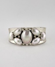 Vintage Nakai Navajo Sterling Silver Cabochon Mabe Pearl Women's Cuff Bracelet picture