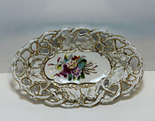 Antique Carl Tielsch CT Germany Reticulated Porcelain Oval Bowl Gilt Floral 11