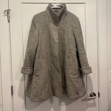 Vintage International Scene Herringbone Wool Blend Funnel Neck A-Line Coat Gray picture