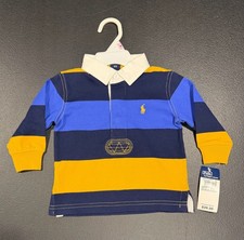 NWT Vintage Y2K Polo Ralph Lauren Striped Rugby Shirt Size 9M Blue Yellow picture
