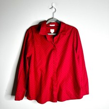 Chico's No-Iron Red Tiny Black Polka Dot Button-Up Preppy Classic Career Sz XL picture