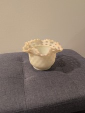 Vintage FENTON Custard Open Lace Ruffle Basket Candy Bowl Uranium Vaseline Glass picture