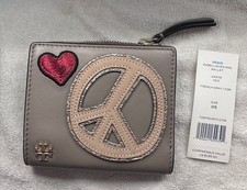 Tory Burch Peace Embellished Mini Wallet French Gray Leather Heart Zip NWOT picture
