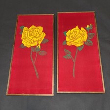 Vintage Pair Yellow Rose Painted Fabric Wall Art Red 20 x 9.5 Retro Floral Decor picture