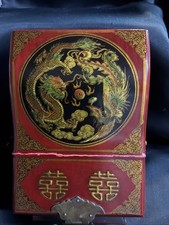 Vintage Chinese Dragon & Phoenix Motif Red Lacquered Wooden Vanity Box picture