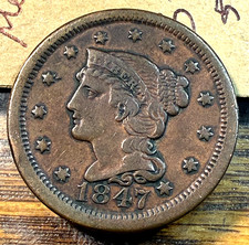 1847 Large Cent Nice Original Ch. VF Choice Light Brown CHRC picture