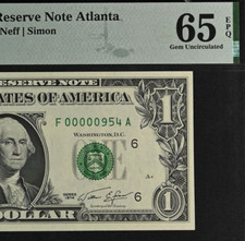 1974 $1 Atlanta FRN PMG 65EPQ gem three digit low serial number 00000954 picture