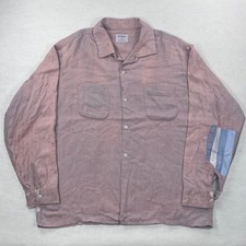 Vintage 50s 60s Wings Mauve Wavy Rayon Gab? Stripe Button Up Shirt XL Patched picture