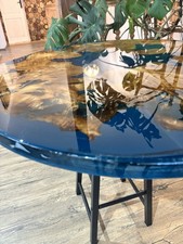 Round Burl Wood & Blue Epoxy Resin River Table — Handmade, One of a Kind picture