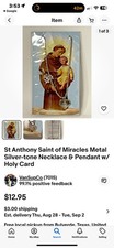 St Anthony Saint of Miracles Metal Silver-tone Necklace & Pendant w/ Holy Card picture