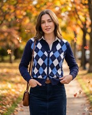 Brooks Brothers 346 Argyle V Neck Cardigan Sweater Womens Medium Navy Button up picture
