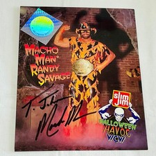Macho Man” Randy Savage Auto 1996 Slim Jim 8.5 x 11” Promo- To John Card #PS-144 picture