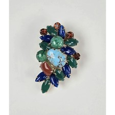Art Glass Brooch Cluster Green Blue Red Cabochon Rhinestone 1960s Vintage Pin picture