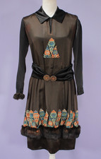 VTG Women's 20s Black Silk Colorful Embroidered Dress W/ Fur Trim Sz XS/S 1920s picture