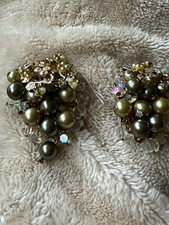 Vintage 1950s 60s PAT PEND Clip On Earrings Faux Pearl AB Crystal Beaded Cluster picture
