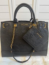 Betsey Johnson Black Embossed Floral Skull Satchel w/ Gold Chain & Pouch picture