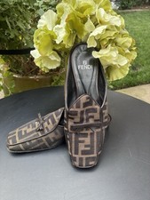 FENDI Zucca Monogram Canvas Flat Mules Moccasins Slides Bow Size 34.5 US 4.5 picture