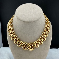 Vintage Keyes Necklace Gold Tone Chunky Double Row Bean Interlocking Knot 16in picture