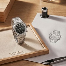 VORSEL Men's Octagonal Royal Oak Chronograph Watch Black Dial Stainless Steel picture