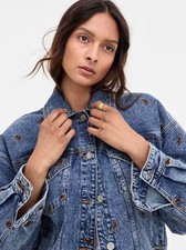 Avec Les Filles Button Front Denim Jacket With Scattered Horse Embroidered Xl picture