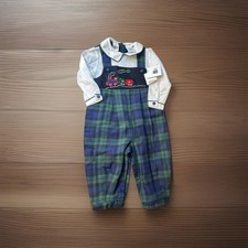 NWT Vintage Ur It Boy Christmas Outfit Overalls Train Tartan Plaid 6-9 Months  picture