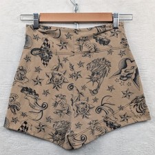 VTG Betsey Johnson Shorts Women's M Tan Mark Mahoney Tattoo Flash Rockabilly 90s picture