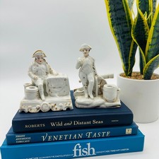 Vintage French Porcelain Napoleon Military Figurines Gold Gilt Inkwell Set of 2 picture