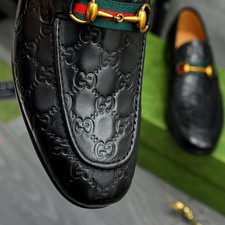 Men's Gucci Horsebit Web GG Loafers Black Leather Slip On Dress Shoes picture