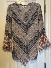 UMGEE Boho Floral, Dainty Vee Prints Shirt Dress Long Bell Sleeves picture