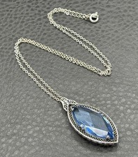 Vintage Czech Antique Blue Faceted Glass Marquise Drop Pendant Necklace 18” picture