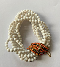 Vintage Signed CINER Multi Strand White Milk Glass Bead Bracelet Coral Clasp picture