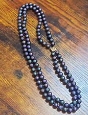 14k Yellow Gold Black Pearl Beaded Strand Necklace, Box Clasp, Signed picture