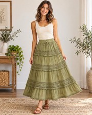 Vintage Sage Green Tiered Maxi Skirt S Lace Paisley Cottage Prairie Boho NWT picture