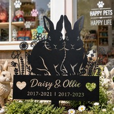 Custom Two Rabbit Pet Memorial Metal Stake, Personalized Bunny Name Grave Marker picture