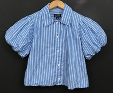 J. Crew Gamine Puff-Sleeve Shirt Blue Stripe Cotton Cropped Top Size 0 picture