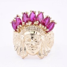 Men's Native American Indian Head Ruby Red CZ Solid 10K Yellow Gold ALL SIZES picture