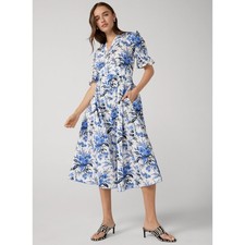 Diane von Furstenberg Erica Poplin Midi Dress 12 Floral Blue White Garden Flowy picture