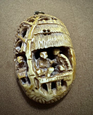 Antique Signed Chinese Hediao Carved Pendant Netsuke-Scholar Go Scene Kogetsu picture